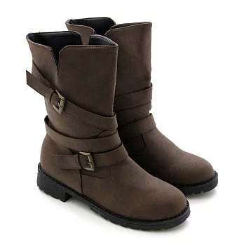 【Pretty】時髦金屬帶釦機車靴中筒靴36咖啡色