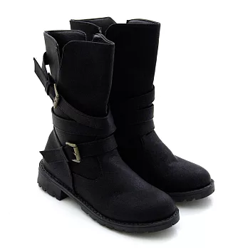 【Pretty】時髦金屬帶釦機車靴中筒靴36黑色