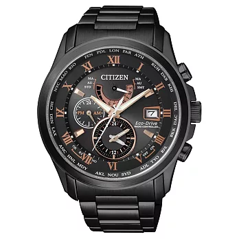 CITIZEN Eco-Drive 震撼出擊三眼電波錶-玫瑰金字x黑