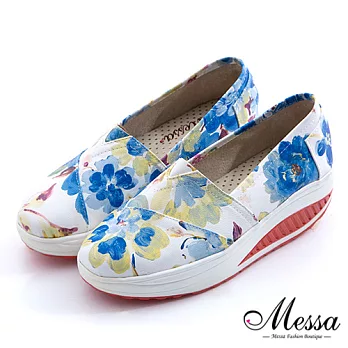 【Messa米莎專櫃女鞋】MIT 和風繽紛手繪感時尚樂福內真皮健走美體鞋38藍色
