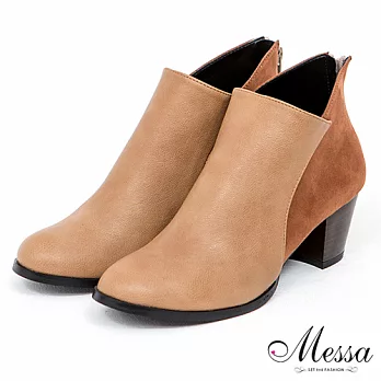 【Messa米莎】(MIT) 都會輕熟感異質拼接素色中跟踝靴35可可色
