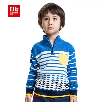【JJLKIDS】帥氣立領拉鍊條紋毛衣T恤(彩藍)105彩藍