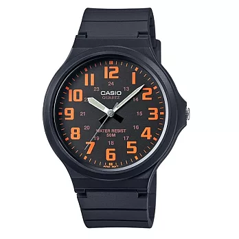 CASIO 精簡配色潮流時尚指針式腕錶-黑x橘-MW-240-4B