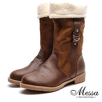 【Messa米莎專櫃女鞋】異材質拼接2WAY反折鋪毛中筒靴36咖啡色
