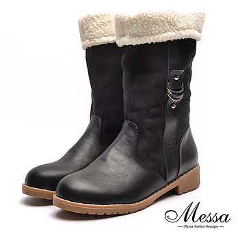 【Messa米莎專櫃女鞋】異材質拼接2WAY反折鋪毛中筒靴36黑色