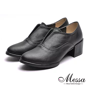 【Messa米莎專櫃女鞋】MIT英式簡約品味內真皮粗跟紳士鞋35黑色