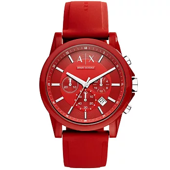 A│X Armani Exchange 知性簡約計時都會腕錶-紅x矽膠