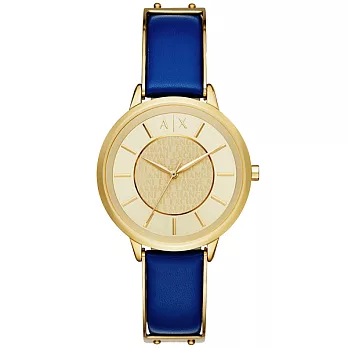 A│X Armani Exchange 輕聲愛語時尚皮帶腕錶-金字x金框藍