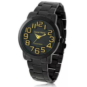 Daniel Wang 9273-IP 中性繽紛黑彩立體數字金屬鍍黑鐵帶錶-黃色