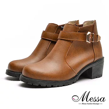 【Messa米莎專櫃女鞋】MIT個性女孩金屬皮帶扣環內真皮低跟短靴35棕色