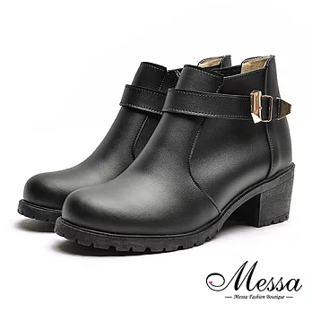 【Messa米莎專櫃女鞋】MIT個性女孩金屬皮帶扣環內真皮低跟短靴35黑色