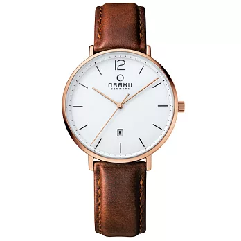 OBAKU 極致簡約時尚日期腕錶-玫瑰金框X咖啡皮帶