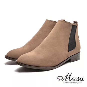 【Messa米莎專櫃女鞋】MIT時尚素面拼接萊卡彈力布內真皮短靴35卡其色