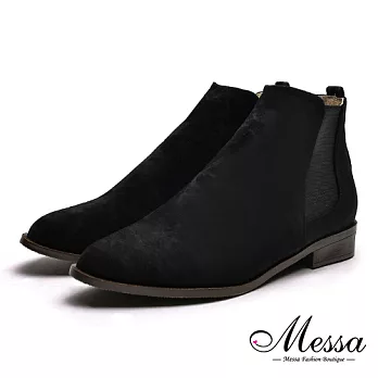 【Messa米莎專櫃女鞋】MIT時尚素面拼接萊卡彈力布內真皮短靴35黑色
