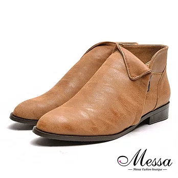 【Messa米莎專櫃女鞋】MIT顯瘦反折側V油臘皮感內真皮踝靴35棕色