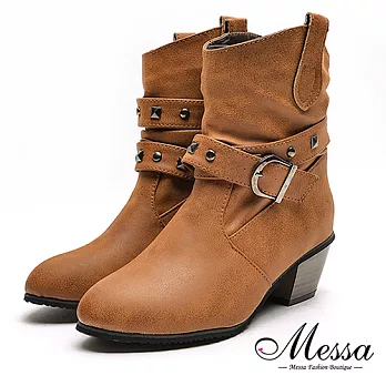 【Messa米莎專櫃女鞋】鉚釘扣環繞帶西部牛仔靴36咖啡色