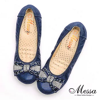 【Messa米莎專櫃女鞋】MIT華麗女孩水鑽蝴蝶結內真皮小坡跟包鞋36藍色
