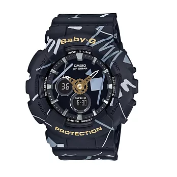 Baby-G 童趣的隨興塗鴉新設計時尚優質雙顯運動腕錶-黑-BA-120SC-1A