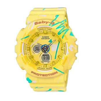 Baby-G 童趣的隨興塗鴉新設計時尚優質雙顯運動腕錶-黃-BA-120SC-9A