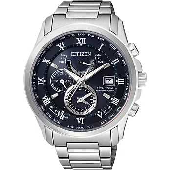 CITIZEN 霸王世界光動能電波時尚萬年曆腕錶-藍-AT9080-57L