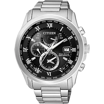 CITIZEN 霸王世界光動能電波時尚萬年曆腕錶-黑-AT9080-57E