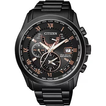 CITIZEN 霸王世界光動能電波時尚萬年曆腕錶-黑色不鏽鋼-AT9085-53E