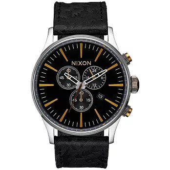 NIXON SENTRY CHRONO 藍調搖滾潮流皮帶錶-黑x金字x皮帶