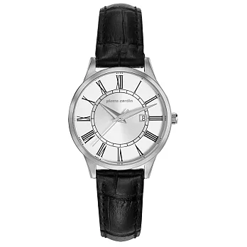 pierre cardin皮爾卡登 羅馬時刻時尚日期腕錶-銀框白-小