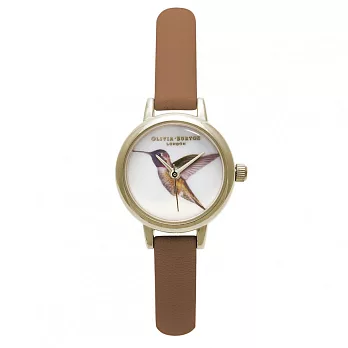 Olivia Burton 英倫復古手錶 林地迷你蜂鳥 棕色真皮錶帶 金色錶框 23mm