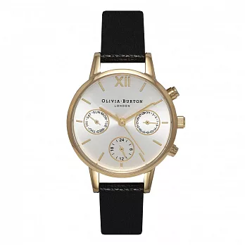 (預購)3/1~3/14 Olivia Burton 英倫復古精品手錶 優雅錶面 三眼計時 黑色真皮錶帶 金色錶框 30mm