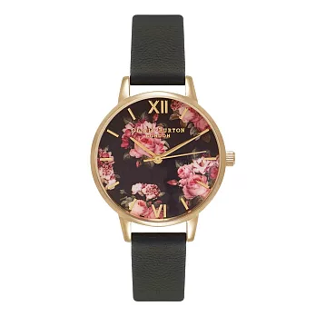 Olivia Burton 英倫復古手錶 冬季花園 黑色真皮錶帶 金色錶框 30mm