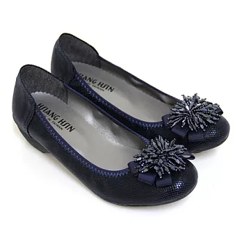 【Pretty】絢麗立體串珠花朵造型中粗跟包鞋37藍色