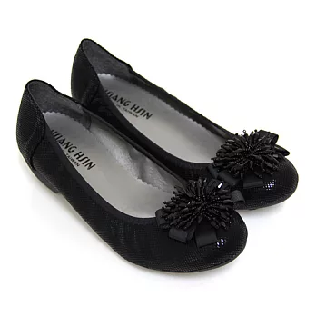 【Pretty】絢麗立體串珠花朵造型中粗跟包鞋36黑色
