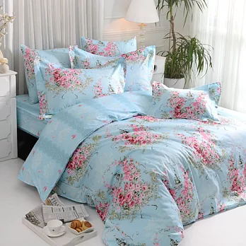 義大利La Belle《薔薇戀曲-藍》特大四件式防蹣抗菌舖棉兩用被床包組