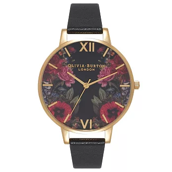 Olivia Burton 英倫復古精品手錶 對稱花卉 黑色真皮錶帶 金色錶框 38mm