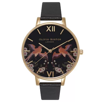 (預購)3/1~3/14 Olivia Burton 英倫復古手錶 友誼鳥 黑色真皮錶帶 金色錶框 38mm