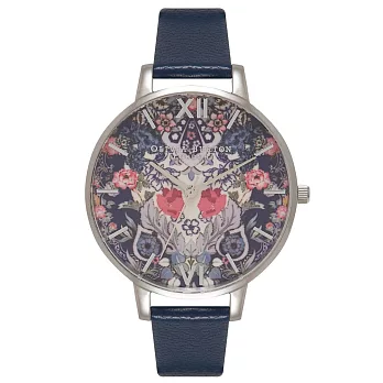 Olivia Burton 英倫復古精品手錶 迷幻花園 海軍藍真皮錶帶 銀色錶框 38mm