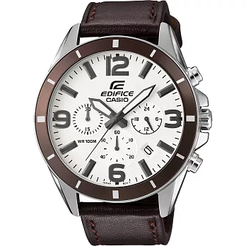 CASIO EDIFICE 驚爆危機三眼計時賽車錶-咖啡框白x皮帶