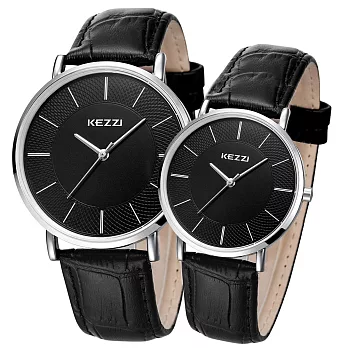 KEZZI 珂紫 K-738 簡約紋理內圈線條刻度情侶款皮質對錶-黑帶黑面小型