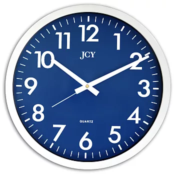 JCY 台灣品牌 W-6828珍珠膠框素面數字掛鐘白框藍面