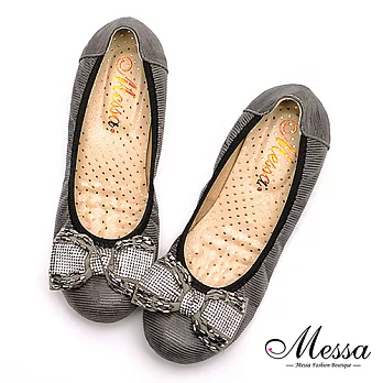 【Messa米莎專櫃女鞋】MIT華麗女孩水鑽蝴蝶結內真皮小坡跟包鞋36灰色
