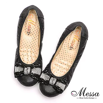 【Messa米莎專櫃女鞋】MIT華麗女孩水鑽蝴蝶結內真皮小坡跟包鞋36黑色