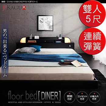 JP Kagu 附床頭燈與插座貼地型床組-高密度連續彈簧床墊雙人5尺