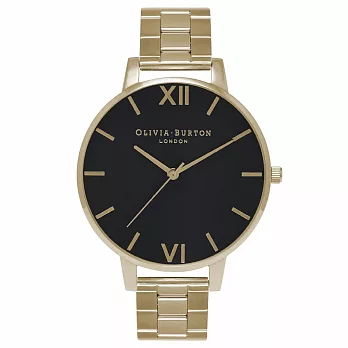 Olivia Burton London 英倫復古精品手錶 優雅黑色大錶面 金色金屬錶帶 38mm