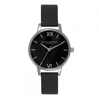 Olivia Burton 英倫復古精品手錶 羅馬數字黑錶盤 黑色真皮錶帶 銀色錶框 30mm