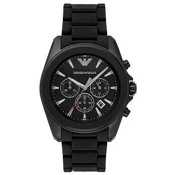 EMPORIO ARMANI奢華優雅三眼計時錶-黑鋼帶
