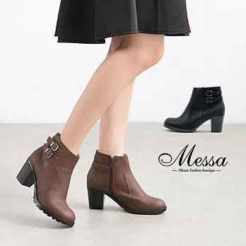 【Messa米莎專櫃女鞋】MIT 簡約不造作雙飾釦側拉鍊粗跟短靴39咖啡色