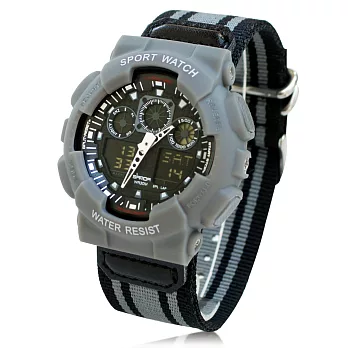 SANDA 199 中性雙顯鬧鈴電子帆布錶-灰帶灰殼