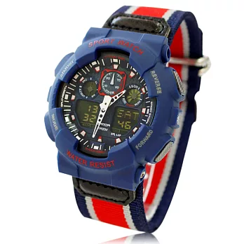 SANDA 199 中性雙顯鬧鈴電子帆布錶-紅帶藍殼