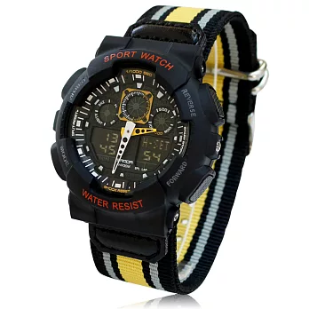 SANDA 199 中性雙顯鬧鈴電子帆布錶-黃帶黑殼